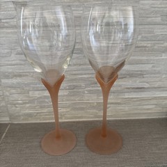 Vintage Frosted Pink Stemmed Wine Glasses Set Of 2 With Floral Accents 9.5”