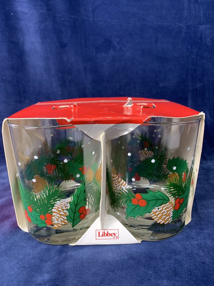 Vintage 4 Libbey Double Old Fashioned Glasses NOS Pine cones Holly