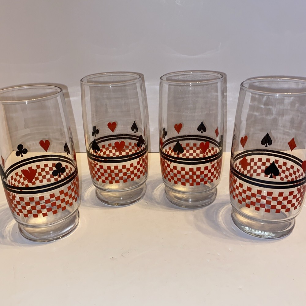 Vintage MCM Casino Night Drinking Glasses Card Suits Spade Heart Club Diamond