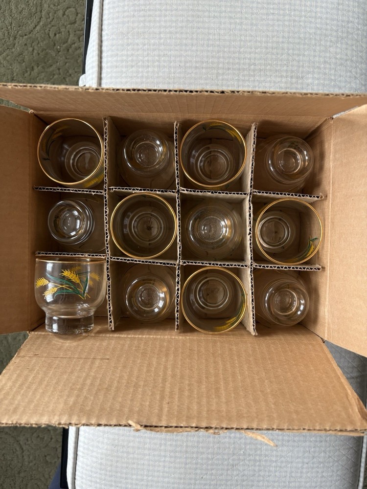 Vintage Viking Glass 5 Oz Juice Glasses Set of 12 Gold Wheat w Original 1964 Box