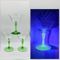 3 Art Deco Optic Swirl Uranium Green Glass Stem Glasses Stemware Champaign Coupe