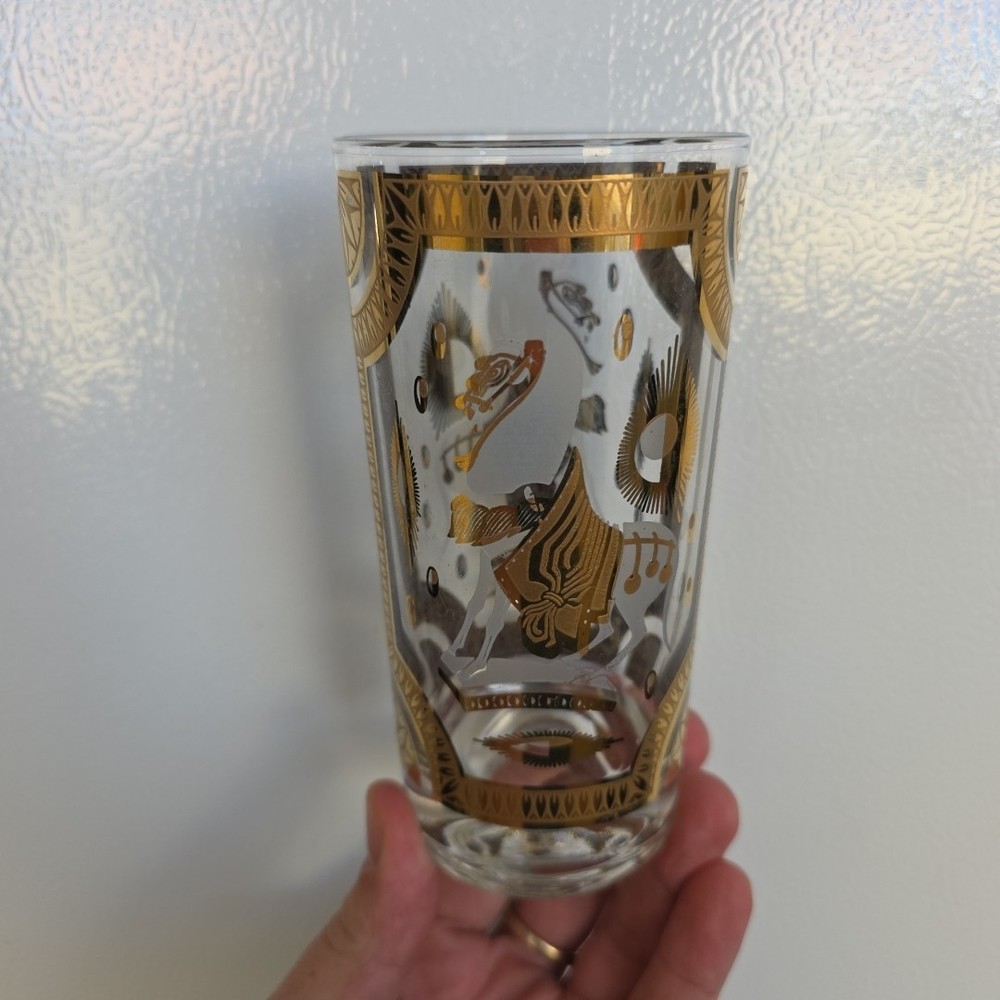 Mid Century HTF Fred Press White Trojan Highball Glass 22k Signed