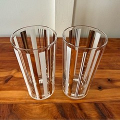 Mid-Century Modern Art Deco Gold White Stripe Highball Drinking Glasses Set of 2