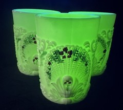 3 Rare Antique Uranium Custard Glass Northwood Geneva Tumblers Glow c1901