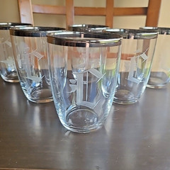Vintage Etched Cut Mid Century Monogram C Tumbler Silver Platinum Trim LOT 6