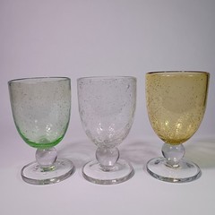 Tag LTD Bubble Blown Glass Water Goblets Green Amber Clear 6 In Tall Set of 3