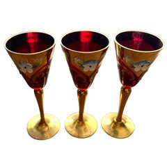 Vintage Bohemian Czech Ruby Gold Gilt Stems Cordial Glassed 5.5” (lof of 3)