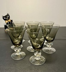 Swedish Crystal 1960s Ingrid Gulli 8 Smoky Lobed Stem Cordial Glasses, 3×4.5”