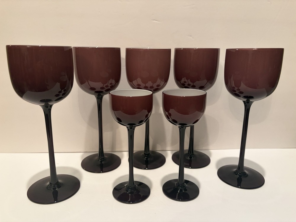7 Carlo Moretti Amethyst Cased Glass Wine Glasses Long Stems 9” & 6.5”