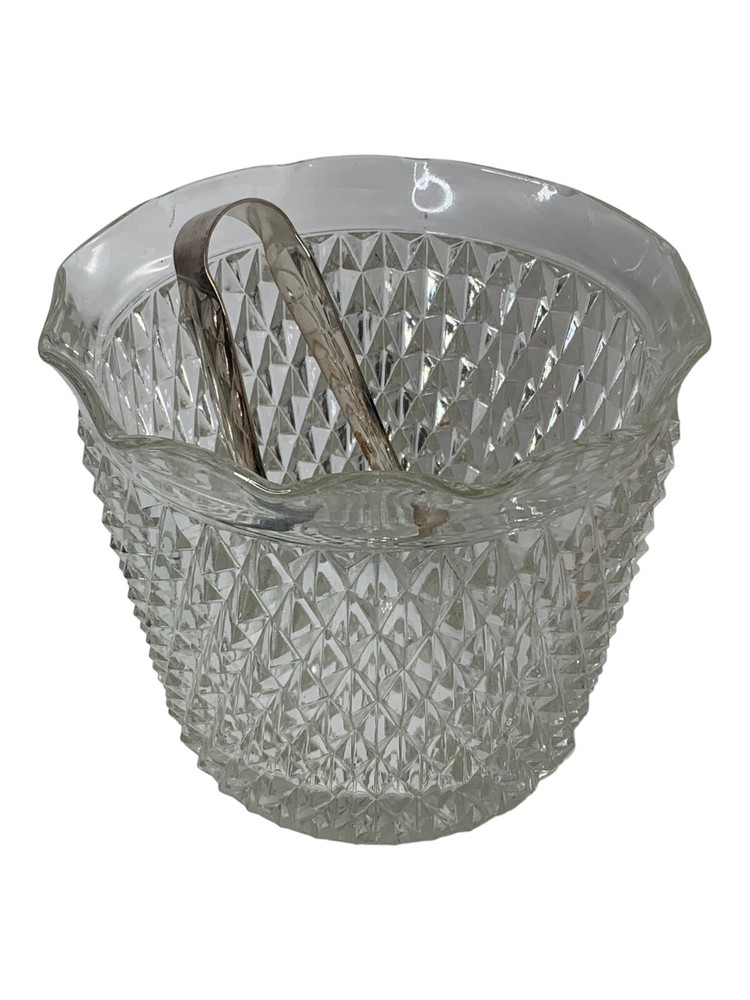 International Silver Co Clear Diamond Cut Ice Bucket w/ SILVER Tongs Cookie Jar