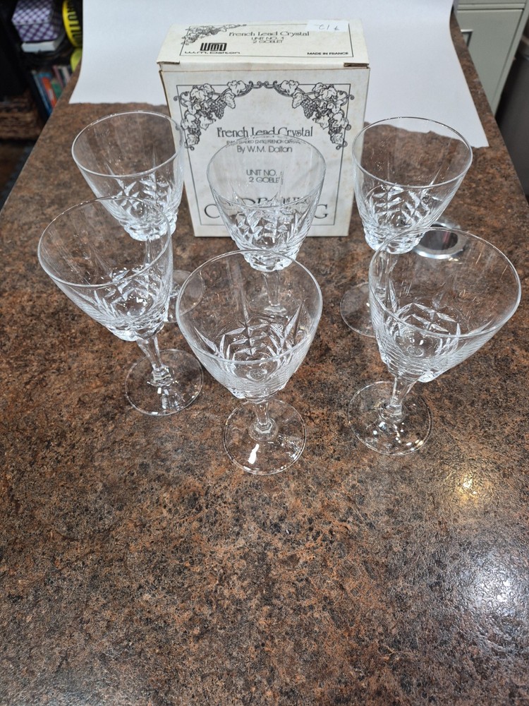 Cherbourg French Lead Crystal By W.M. Dalton Goblets Set Of 6 7.25″ Tall