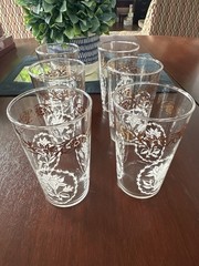 Federal Glass Highball Tumblers Set of 6 Gold Floral Garland White Enamel MCM