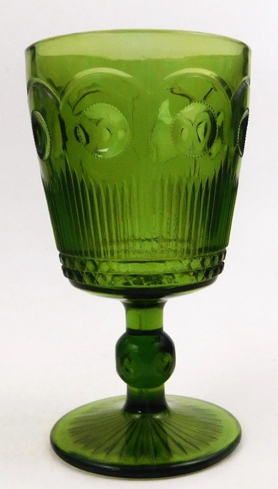 Bartlett Collins Green St Genevieve Pressed Glass Goblet  Cane and Bullseye  MCM
