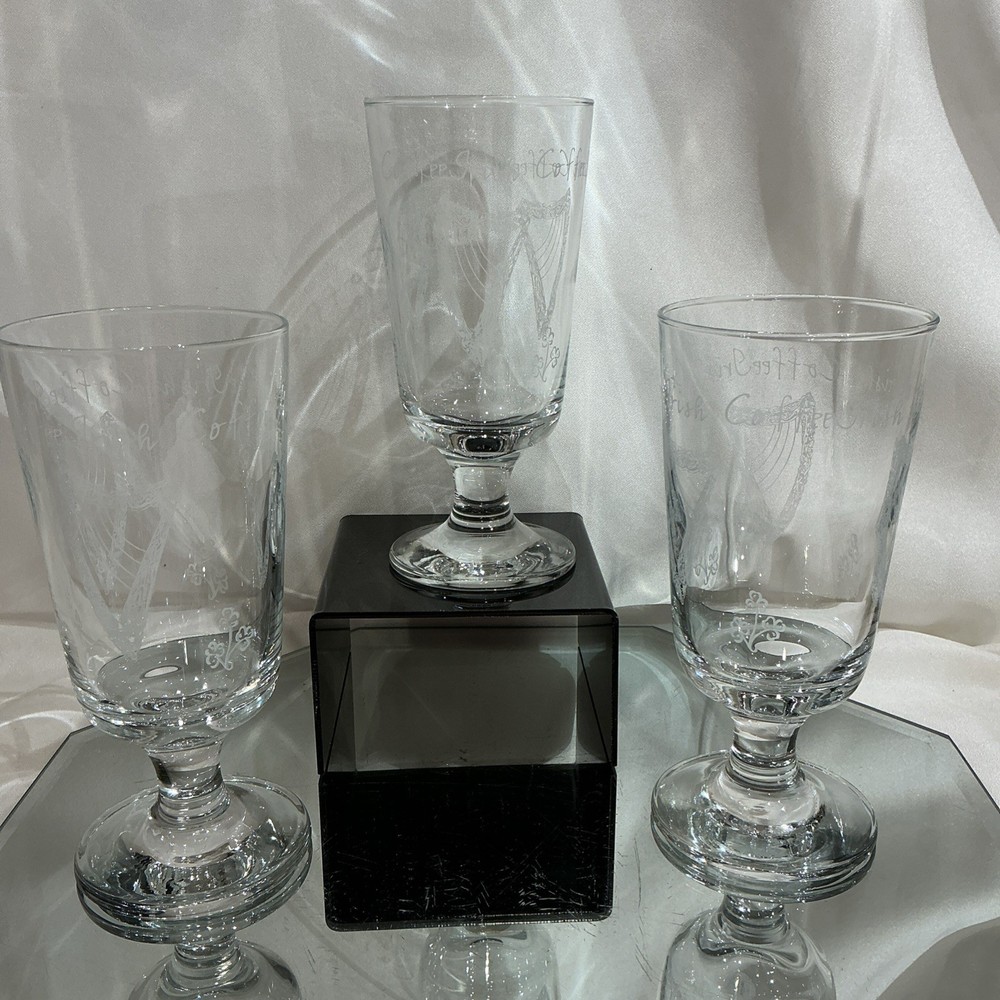 Eamon Glass Etched 6” Irish Coffee Ireland Harps Shamrocks Glass – Set of 3