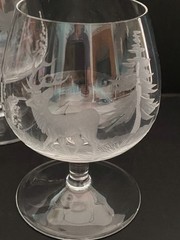 Vintage Crystal Brandy Snifter Glass Etched Game Bird Deer Hunting Set of 5