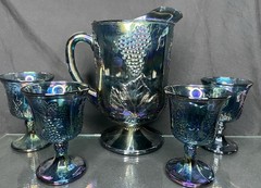 STUNNING 5pc SET!! VTG Indiana Glass Iridescent Blue Carnival Glass Harvest
