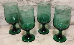 4 Vntg LIBBEY Juniper Green Goblets w/ Gold Rim 7” Wine Footed Water Glass Set