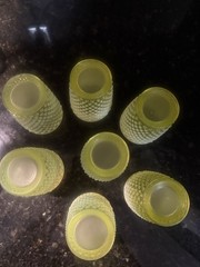 Vintage Fenton Topaz Uranium Opalescent Hobnail Vaseline Glass Set Of 7 Pcs,Cups