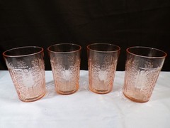 Set of 4 Federal Pink Depression Glass Sharon Flat Bottom Tumblers 4″ Tall