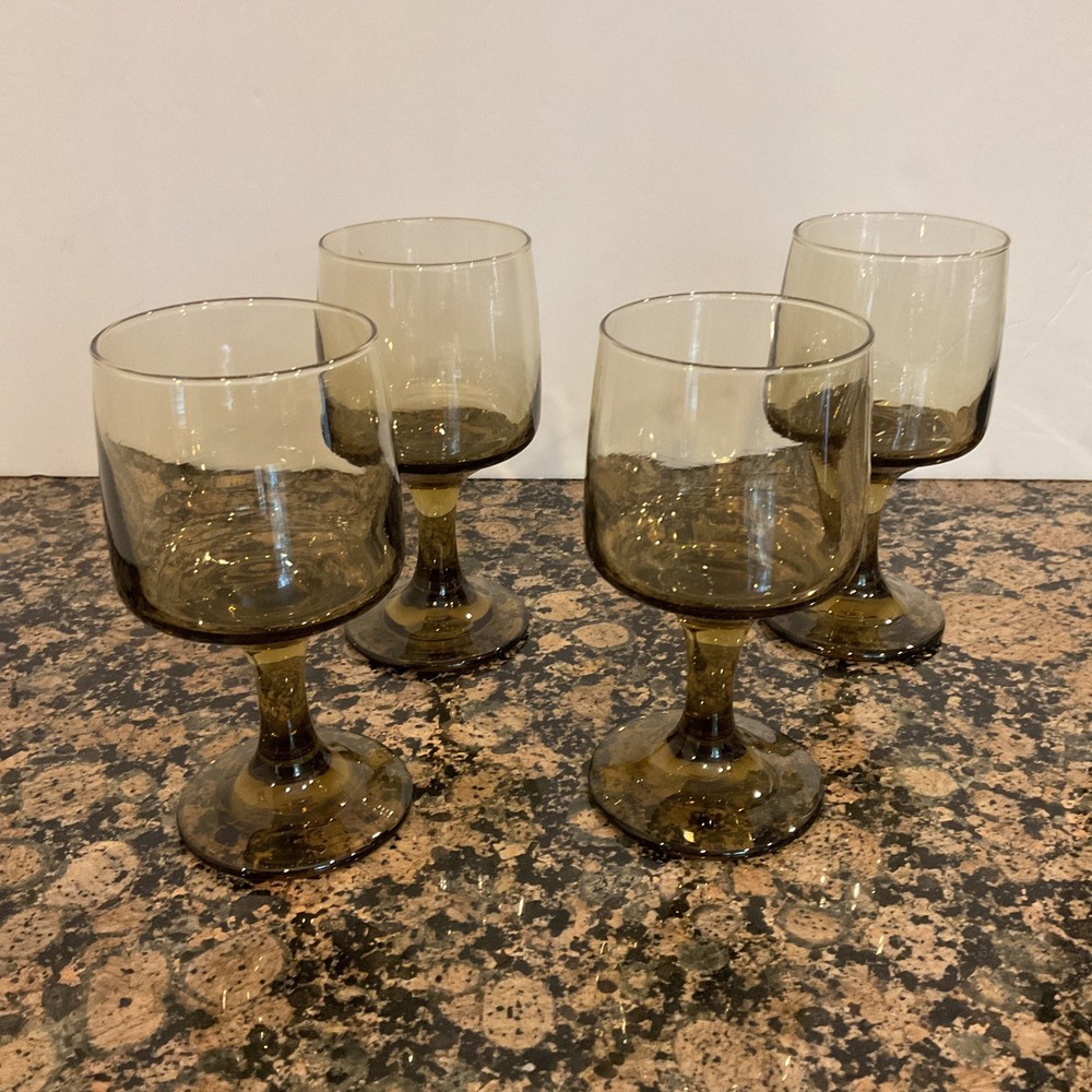 Vintage Tawny Accents Wine Goblets By Libbey Glass Smokey Brown Set of 4