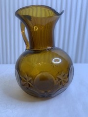 Vintage Hand Blown Moon Star Amber MCM Pitcher w/ Applied Handle 6.5” Tall