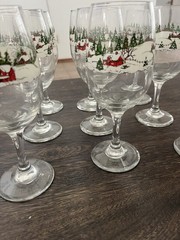 9 Libbey Christmas Winter Village 7- 3/4″ Glass Stemmed Goblet Snow Scene
