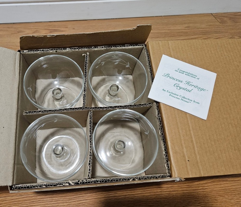 Set of 4 Princess House Dessert Dish 8 oz 4 1/2″ Heritage Etched Crystal 507
