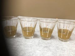 4 Vintage MCM Shot Glasses Olive Green/Gold/White Stripe Retro BARWARE