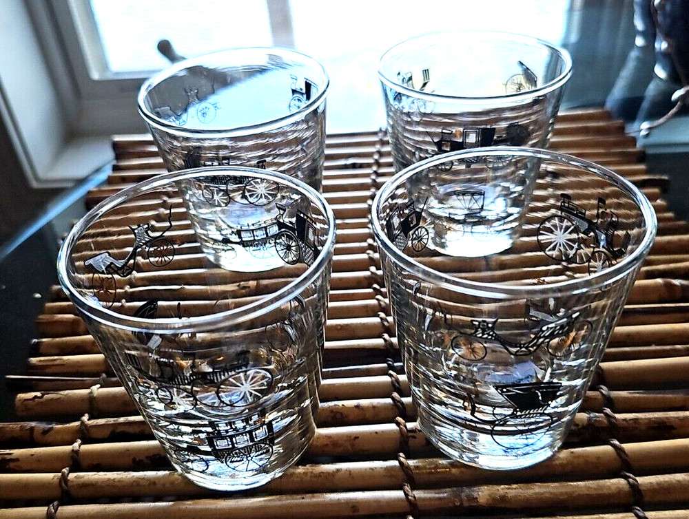 Libbey Juice GLASSES Set of 4 -6 oz Black Gold Buggy Cars Drinking-Vintage