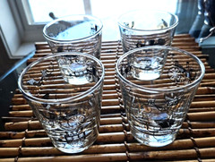 Libbey Juice GLASSES Set of 4 -6 oz Black Gold Buggy Cars Drinking-Vintage