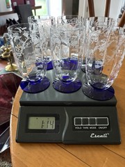 Weston Cobalt Blue Footed Water Glasses Etched Floral Set 6-Vtg-Excellent-5×2.5