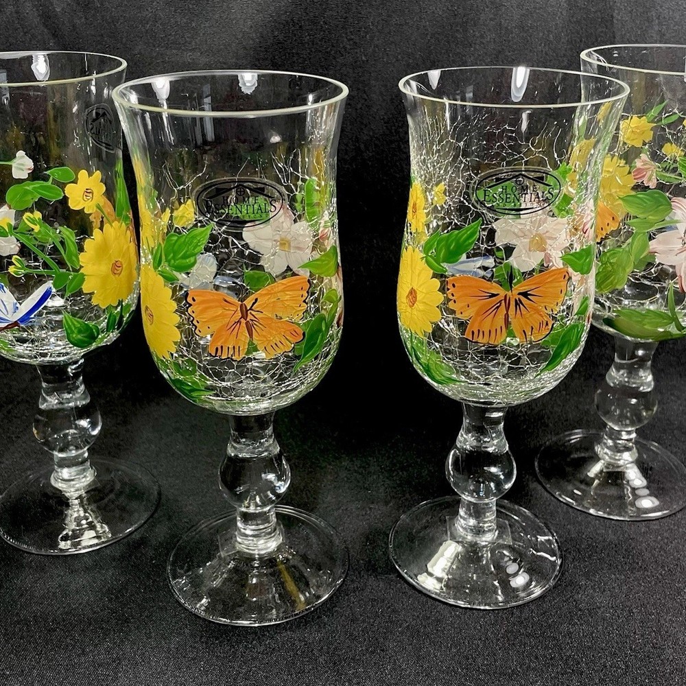 4 Cracpkle Glass Hand Painted Wine Water Goblets Home Essentials Flowers ~8” New