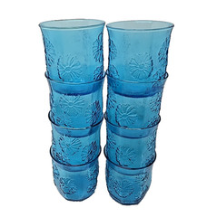 Set of 8 Vintage Anchor Hocking Blue Daisy Pattern Juice Glasses EUC 3 x3 in.