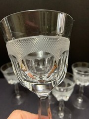 5 Tiffin 6.5″ Wine Glasses Cross Hatch Band Vintage Clear Prism Stem 6 Panel