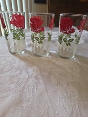 3 Vintage Hazel Atlas Red Rose & White Picket Fence 4 3/4” Glasses EUC 12oz