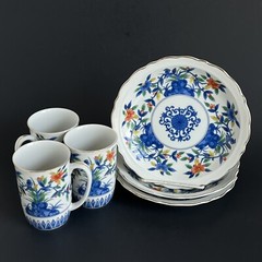 3 Japanese Takahashi Floral Birds Coffee Cups Mugs & 3 Plates 7.5 Inch Japan