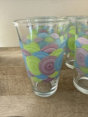 Libbey Drinking Glasses Blue Green Purple Medallions Circles Glass Tumblers (6)