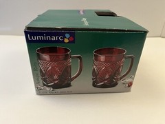 Vintage Luminarc 4″ Ruby Red Glass Mugs Made in France Set of 4 NEW IN BOX