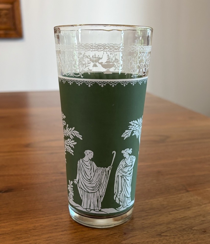 Wedgewood Jasperware Jeanette Glass Hellenic Green Greek Highball Glass 6.5” MCM