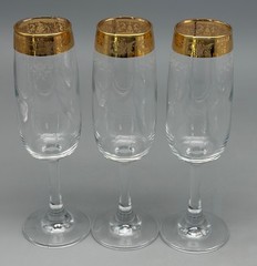 3 CELLINI BLOWN CRYSTAL CHAMPAGNE FLUTES GLASSES HAND DECORATED 24 KT GOLD ITALY