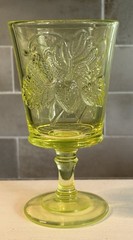 L. G. Wright Strawberry And Currant Vaseline Glass Water Goblet 6”H 3.25”D