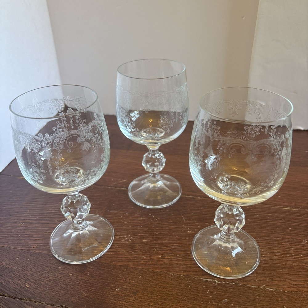 Set of 3 Bohemian Cascade Etched Wine Glasses by Import Assoc.