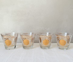 Set Of 4 Hazel Atlas Aztec Gold Medallion Rocks Glasses MCM Barware SET A