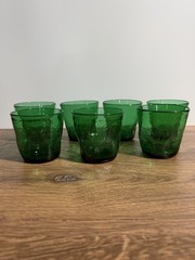 Vintage 70s Pilgrim Glass Green Crackle ~3.5″ Pinch Tumbler Set Of 7