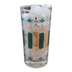 MCM Highball Tumbler Turquoise Green Gold Pair Cathedral Fleur de Lis 2