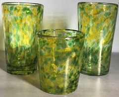 Lot of 3 Art Glass Hand Blown Yellow Green Spotted 2 Tumblers and Whiskey Glass