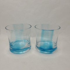 Vintage Blue Ribbon On The Rocks Glasses~Set of 2 Wiskey Glass Heavy Bottoms