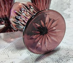 4 Vintage Purple Amethyst Glass Goblets Paneled Swirl Optic Stemware ~5.5″
