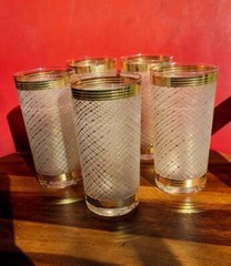 LOT of 5 Vintage MCM Gold Foil RIM Basketweave Highball Tumbler Frosted Glasses