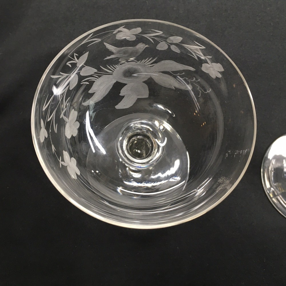 Vintage 1920s Gray Cut Birds Nests & Eggs Hand Blown Champagne Glasses, Lot Of 3